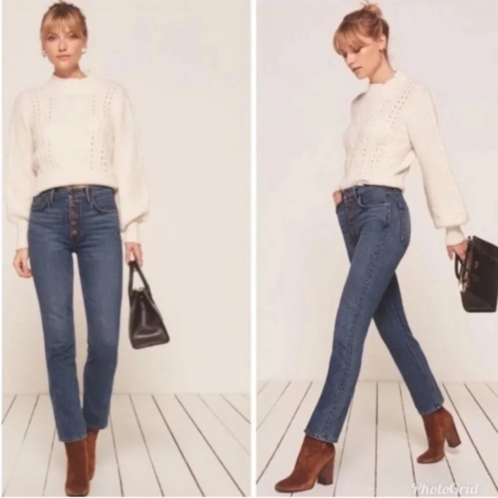 Reformation Petite Button Fly Slim Straight Ankle Baltic Wash Jeans Size 28